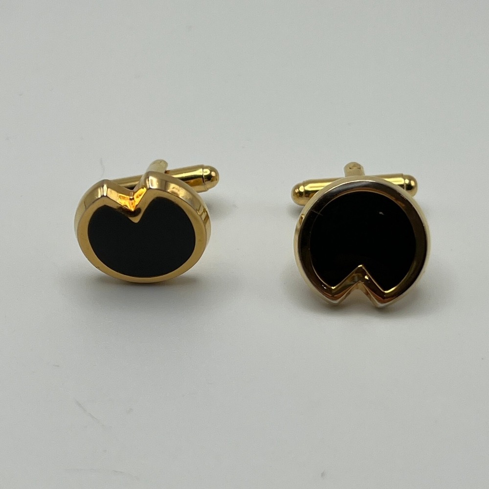 Vintage 80s Cuff Links Art Deco Black Enamel Gold Tone Cuff Studs